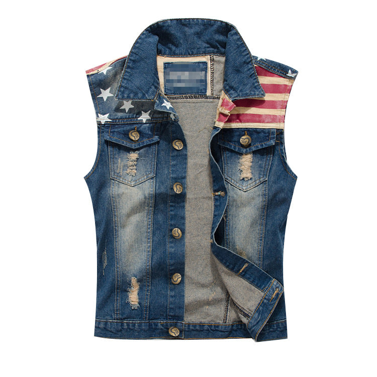 Trendy Men's Large Size Korean Style Denim Vest Men's Denim Vest American Flag Casual Vest
