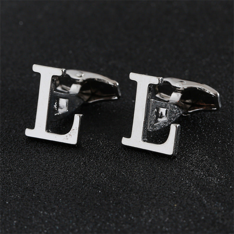 Cross-Border Specially Designed for Silver 26 English Letters Glossy Men's Cufflinks Manufacturer Wholesale Personalized French Shirt Cufflinks