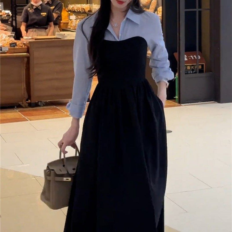 Plus Size Early Autum New Women's Fake Two-Piece Shirt Black Long-Sleeved Dress High-End Matching Set