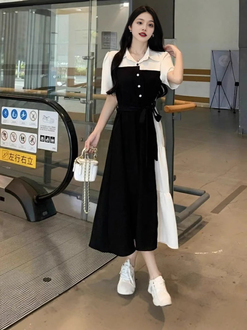 plus size Contrast Color Stitching Fake Two-piece Shirt dress Women's Summer New chubby girl Tight Waist Slimming Hepburn Style Long Dress