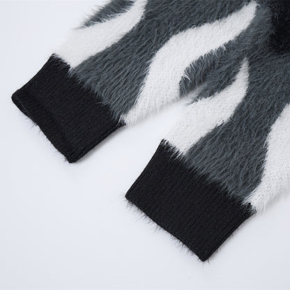 Color blocking patchwork faux mink fur round neck sweater