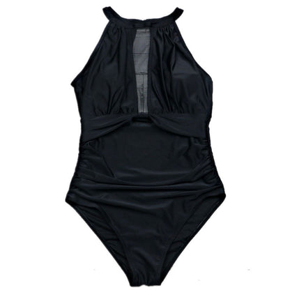 Cross-border New European and American Women's Swimsuit Chest Mesh Stitching Pleated Craft Swimwear Bikini Wholesale