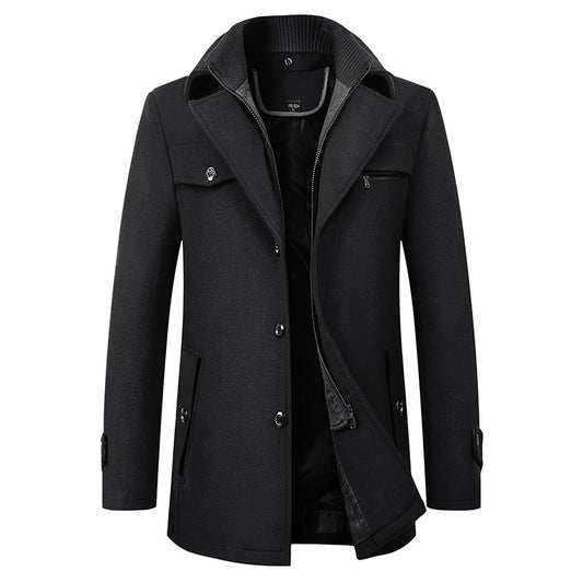 Cross-border Autumn and Winter Double Collar Wool Coat Men's Coat Casual Mid-length cotton and thickening Men's Plus Size