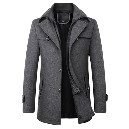 Cross-border Autumn and Winter Double Collar Wool Coat Men's Coat Casual Mid-length cotton and thickening Men's Plus Size