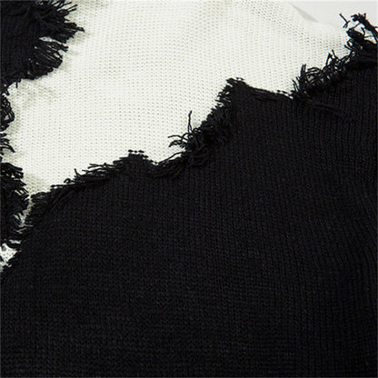 Cat whisker tassel torn hole spliced contrasting sweater