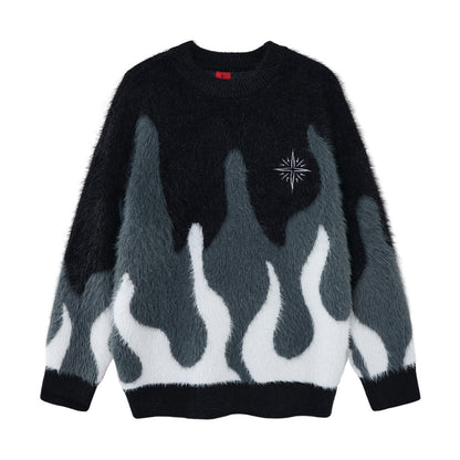 Color blocking patchwork faux mink fur round neck sweater