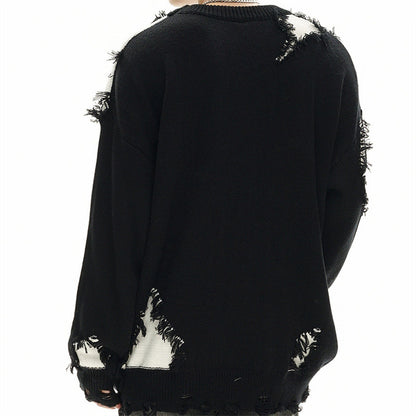 Cat whisker tassel torn hole spliced contrasting sweater
