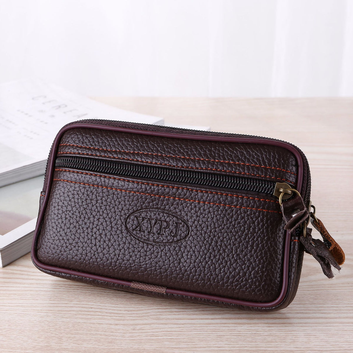 Men's Large Space Zipper Leather Waist Bag Mobile Phone Bag Multi-Functional Double Layer Soft Leather Belt Card Holder 6inch / 6.5inch