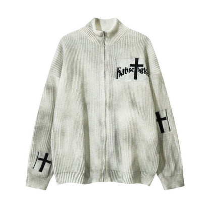 Tie dye used dirty stand up collar cardigan sweater