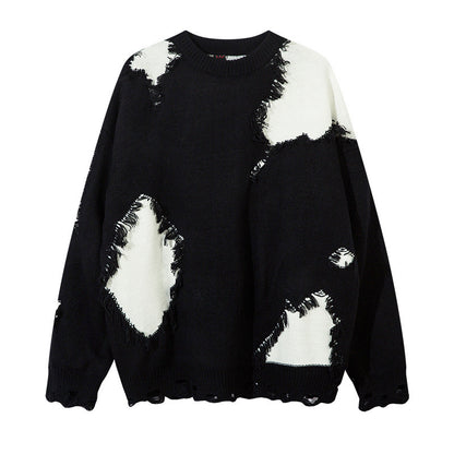Cat whisker tassel torn hole spliced contrasting sweater