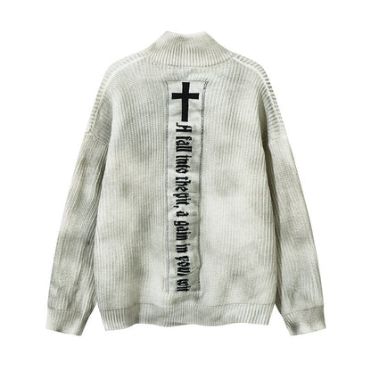 Tie dye used dirty stand up collar cardigan sweater