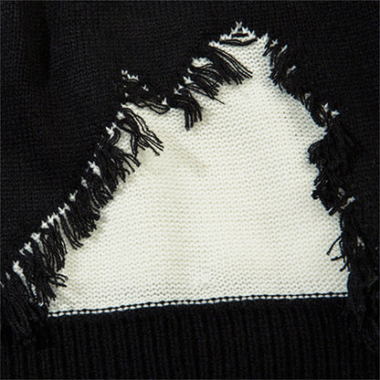 Cat whisker tassel torn hole spliced contrasting sweater