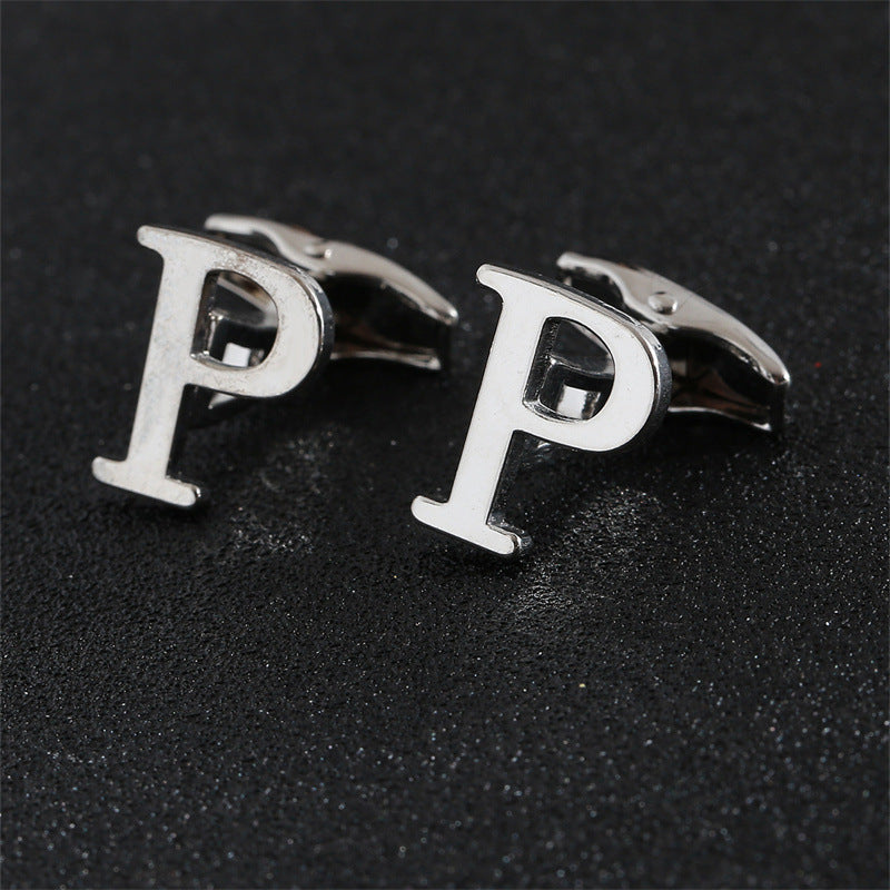 Cross-Border Specially Designed for Silver 26 English Letters Glossy Men's Cufflinks Manufacturer Wholesale Personalized French Shirt Cufflinks