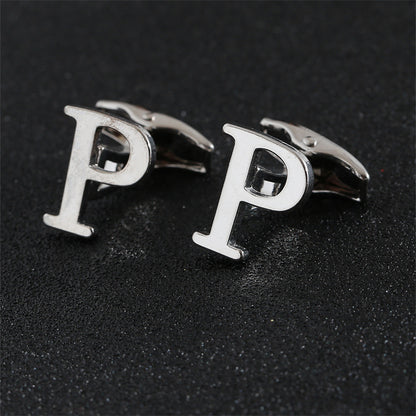 Cross-Border Specially Designed for Silver 26 English Letters Glossy Men's Cufflinks Manufacturer Wholesale Personalized French Shirt Cufflinks