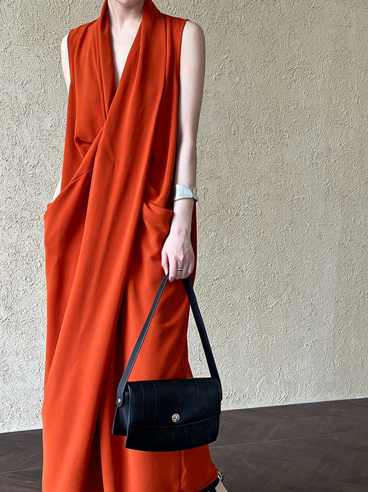 Luxi Elegant V-neck Sleeveless Kink Waist dress Women's Slimming Irregular High-end Hong Kong-style Long Skirt 3985