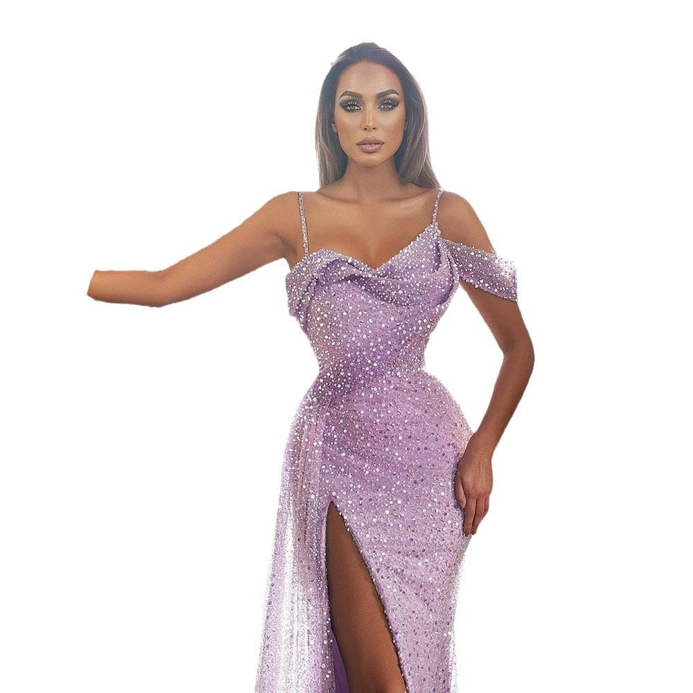 2025 Cross-Border New European and American Clothing Amazon Dress Suspender Long Skirt Slit Sequined Asymmetrical Evening Dress