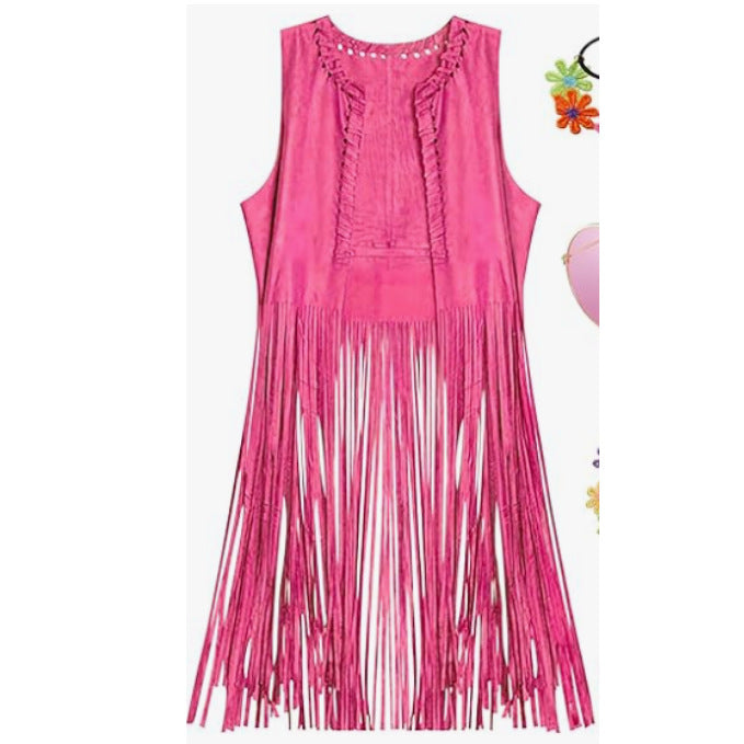2026 In-Stock European and American Style Shawl Suede Tassel Vest Jacket Women's Sleeveless Mid-Length Vest Cardigan