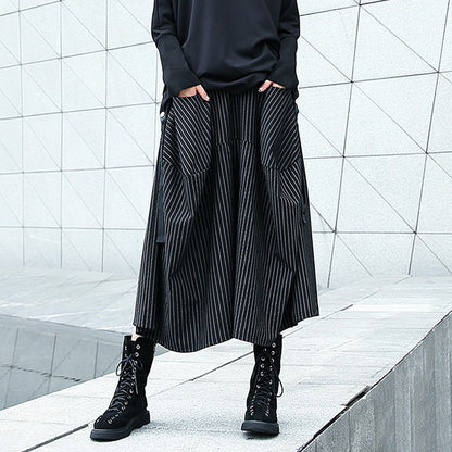 Japanese Yamamoto style black and white striped cropped wide-leg pants women's spring and autumn loose retro drape high waist casual culottes