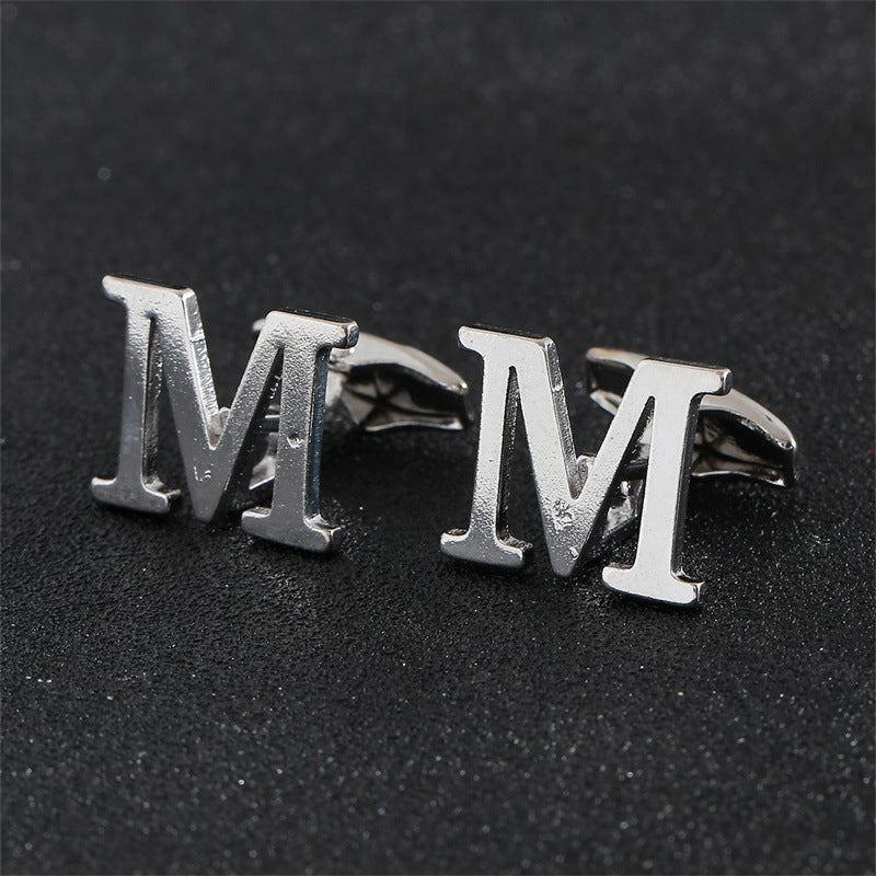 Cross-Border Specially Designed for Silver 26 English Letters Glossy Men's Cufflinks Manufacturer Wholesale Personalized French Shirt Cufflinks