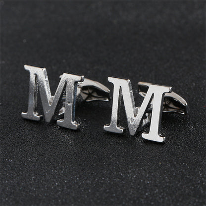 Cross-Border Specially Designed for Silver 26 English Letters Glossy Men's Cufflinks Manufacturer Wholesale Personalized French Shirt Cufflinks