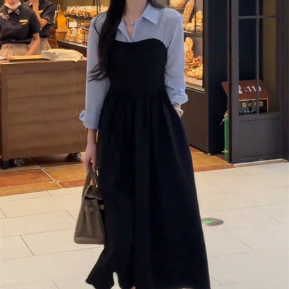 Plus Size Early Autum New Women's Fake Two-Piece Shirt Black Long-Sleeved Dress High-End Matching Set