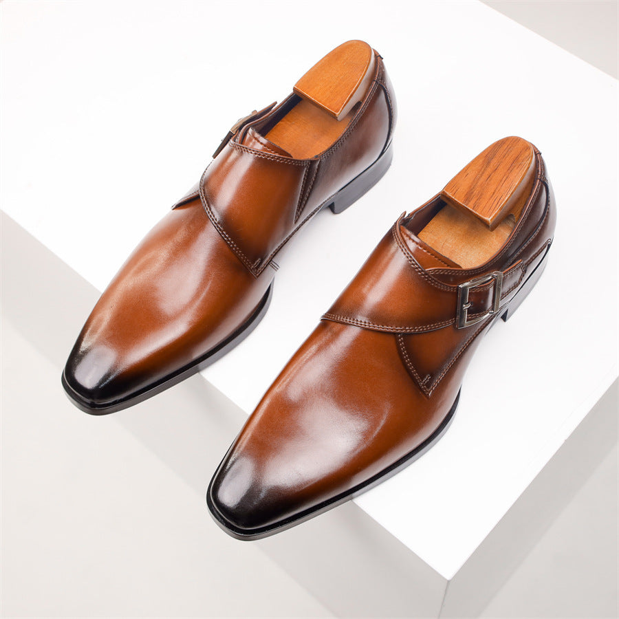 Cross-border plus size British Mengke Shoes Square-toed Real Leather Shoes Buckle Monk Men's Shoes Business Dress Leather Shoes Men's British Style