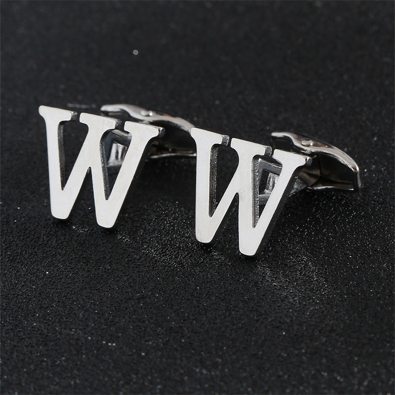 Cross-Border Specially Designed for Silver 26 English Letters Glossy Men's Cufflinks Manufacturer Wholesale Personalized French Shirt Cufflinks