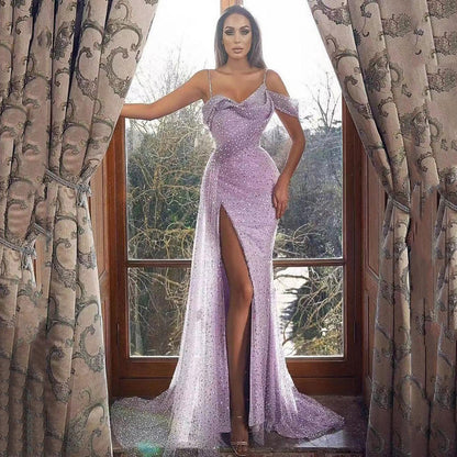 2025 Cross-Border New European and American Clothing Amazon Dress Suspender Long Skirt Slit Sequined Asymmetrical Evening Dress