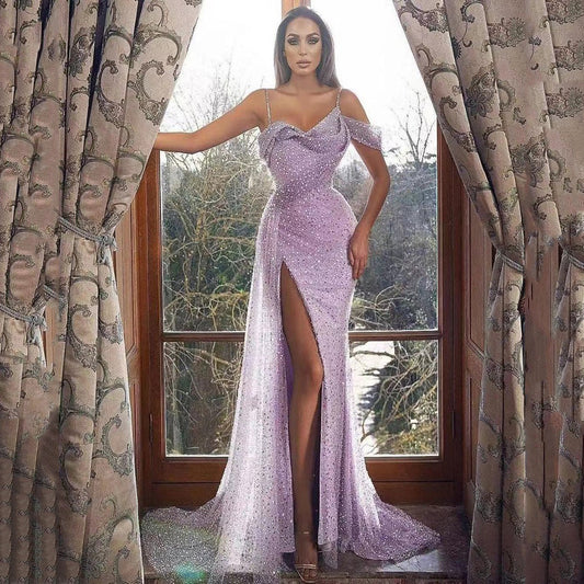 2025 Cross-Border New European and American Clothing Amazon Dress Suspender Long Skirt Slit Sequined Asymmetrical Evening Dress