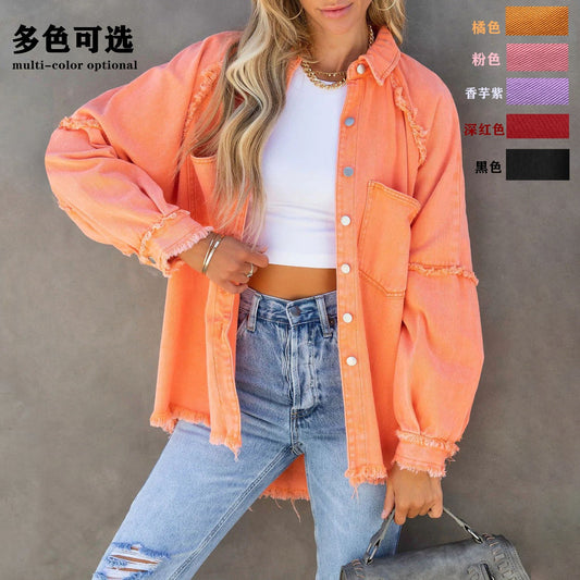 Factory Direct Sales 2025 Autum European and American Long-Sleeved Denim Jacket Women's Washed Raw Edge Mid-Length Loose Jacket in Stock