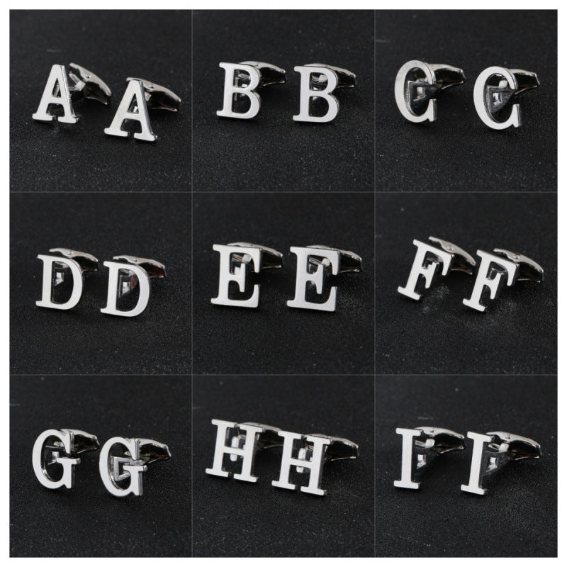 Cross-Border Specially Designed for Silver 26 English Letters Glossy Men's Cufflinks Manufacturer Wholesale Personalized French Shirt Cufflinks