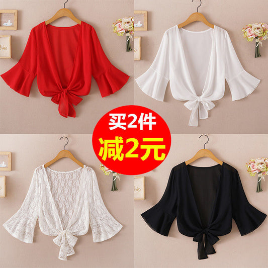 2025 Summer Sunscreen Clothing Chiffon Small Shawl Jacket Women's All-match Small Waistcoat Short Sleeve Thin Outer Short Cardigan