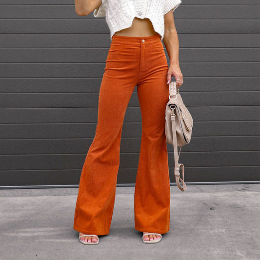 Factory direct cross-border Europe and the United States 2025 spring and autumn women's solid color waist slim micro flared pants corduroy casual pants