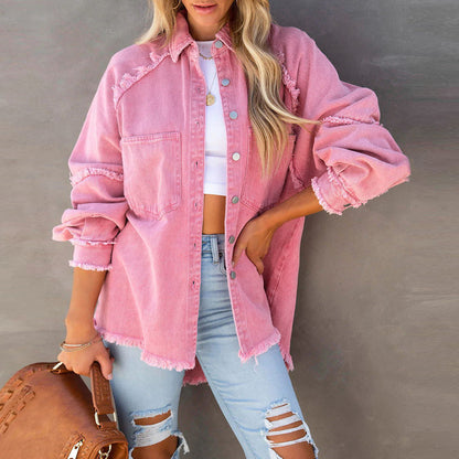 Factory Direct Sales 2025 Autum European and American Long-Sleeved Denim Jacket Women's Washed Raw Edge Mid-Length Loose Jacket in Stock