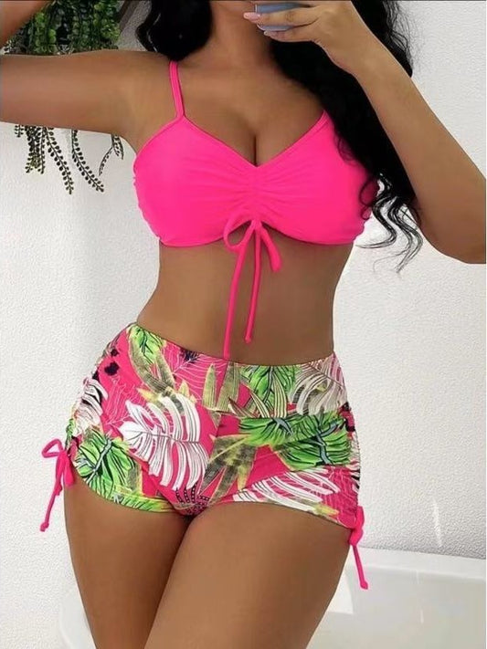 2025 Foreign Trade New Swimwear Women's European and American Amazon Bikini Split High Waist Color Split Sling Sexy Swimsuit