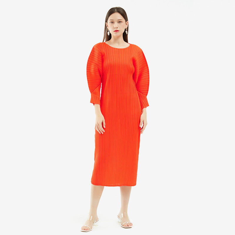 Miyake Simple and Comfortable Casual Dress for Women 2026 Spring Slim Fit Long-Sleeve Mid-Length A-Line Dress
