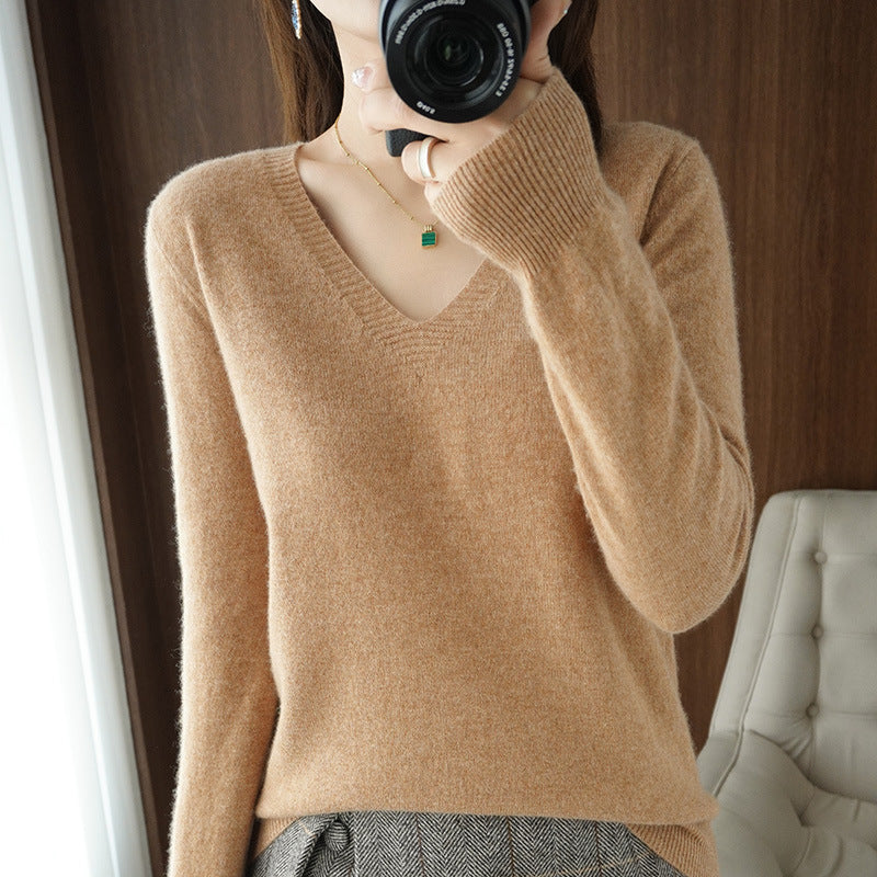 New Autumn and Winter Knitwear Women's V Neck Long-Sleeved Pullover Top Pure Color Korean Style Loose Bottoming Shirt Slimming Look Outer Wear Thin