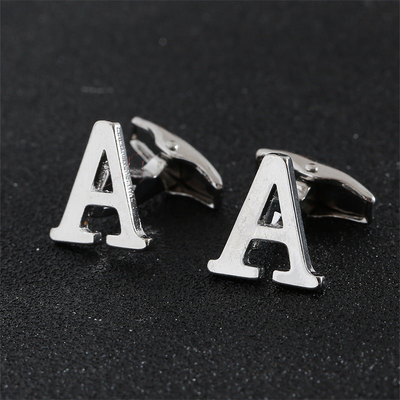 Cross-Border Specially Designed for Silver 26 English Letters Glossy Men's Cufflinks Manufacturer Wholesale Personalized French Shirt Cufflinks