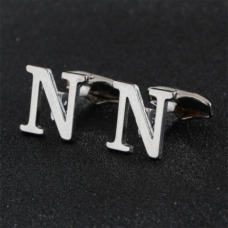 Cross-Border Specially Designed for Silver 26 English Letters Glossy Men's Cufflinks Manufacturer Wholesale Personalized French Shirt Cufflinks