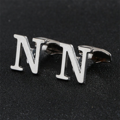 Cross-Border Specially Designed for Silver 26 English Letters Glossy Men's Cufflinks Manufacturer Wholesale Personalized French Shirt Cufflinks