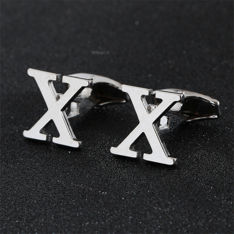 Cross-Border Specially Designed for Silver 26 English Letters Glossy Men's Cufflinks Manufacturer Wholesale Personalized French Shirt Cufflinks