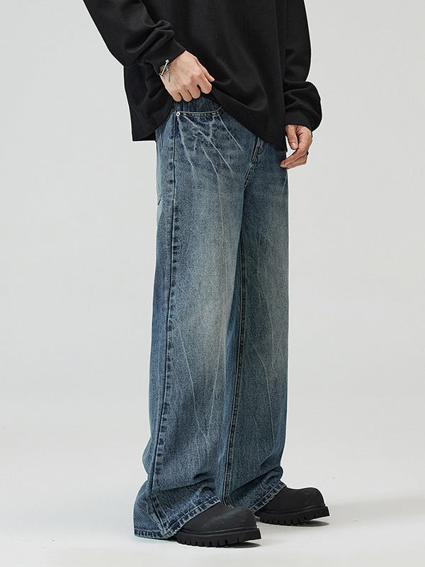 LKTM Men's# American vibe Lightning Crack Blue Jeans Men's cleanfit Slightly Slim Pants