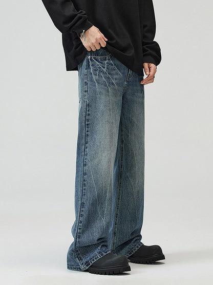 LKTM Men's# American vibe Lightning Crack Blue Jeans Men's cleanfit Slightly Slim Pants