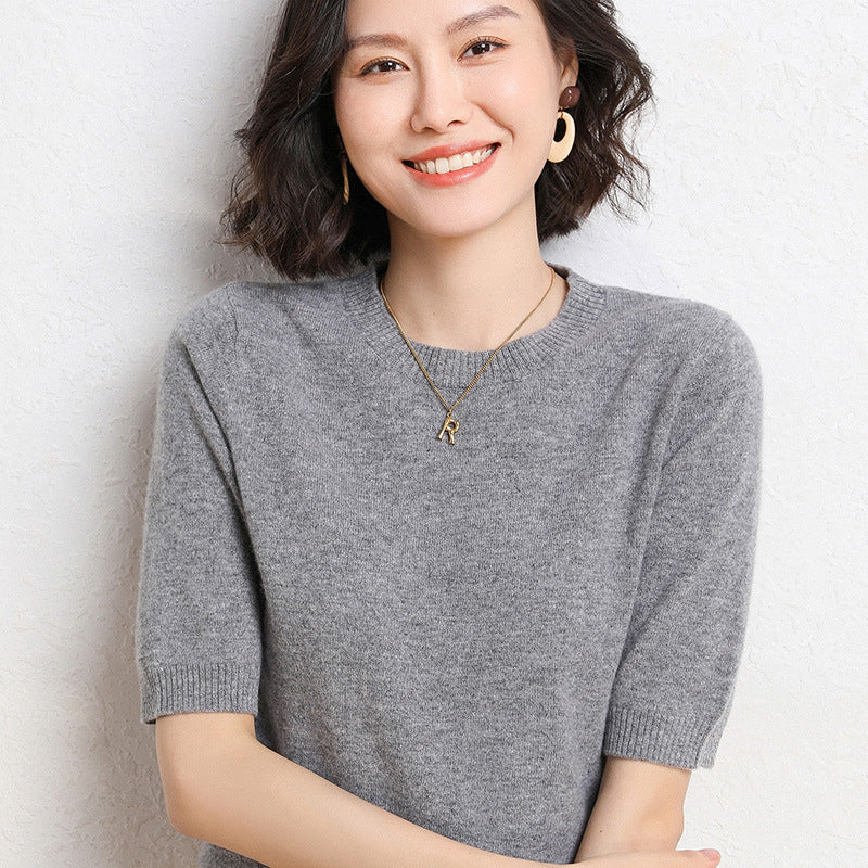 2025 Spring and Summer New Style Knitted Short-Sleeved Women's Round Neck Bottoming Knitted Pullover Half-Sleeved Sweater Loose Bottoming Sweater