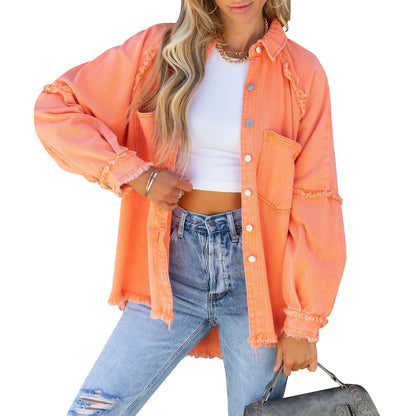 Factory Direct Sales 2025 Autum European and American Long-Sleeved Denim Jacket Women's Washed Raw Edge Mid-Length Loose Jacket in Stock