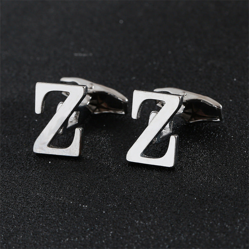Cross-Border Specially Designed for Silver 26 English Letters Glossy Men's Cufflinks Manufacturer Wholesale Personalized French Shirt Cufflinks