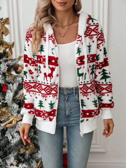 Flash velvet 2023 cross-border autumn and winter new European and American women's Amazon long sleeve cardigan Christmas printed plush coat