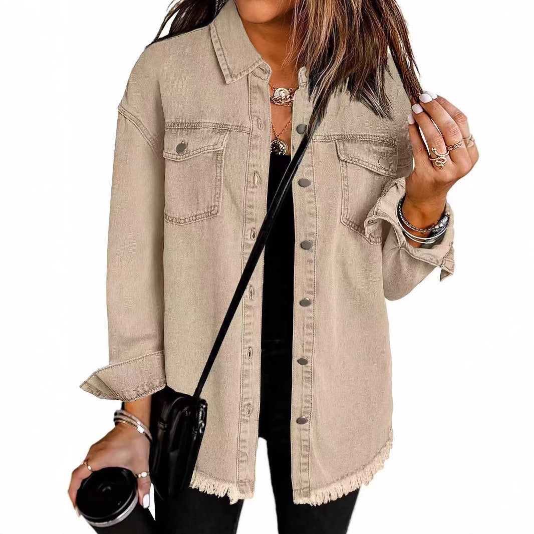 Cross-border New Washed Denim Shirt Jacket 2024 European and American Women's Autumn and Winter Distinctive Street Style Edge Hem Jacket