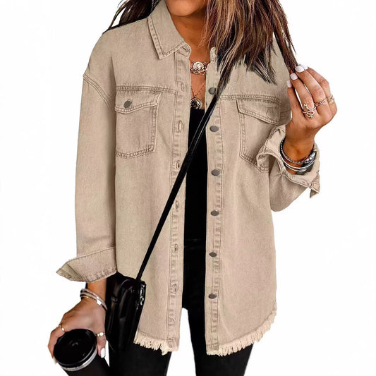 Cross-border New Washed Denim Shirt Jacket 2024 European and American Women's Autumn and Winter Distinctive Street Style Edge Hem Jacket