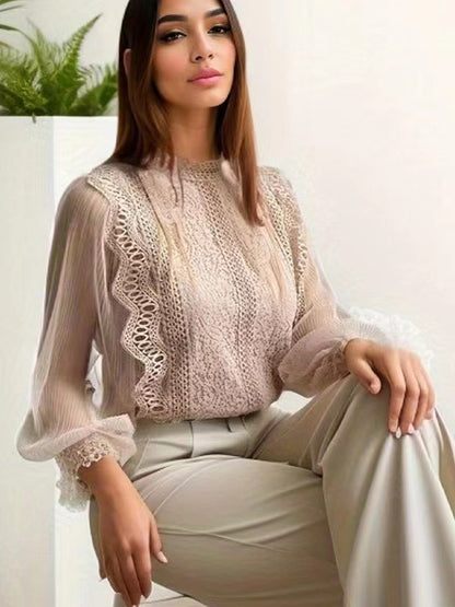 Europe, America and Russia Cross-border Foreign Trade New Elegant Solid Color Mesh Long Sleeve Puff Sleeve Crewneck Top Women's Lace Shirt